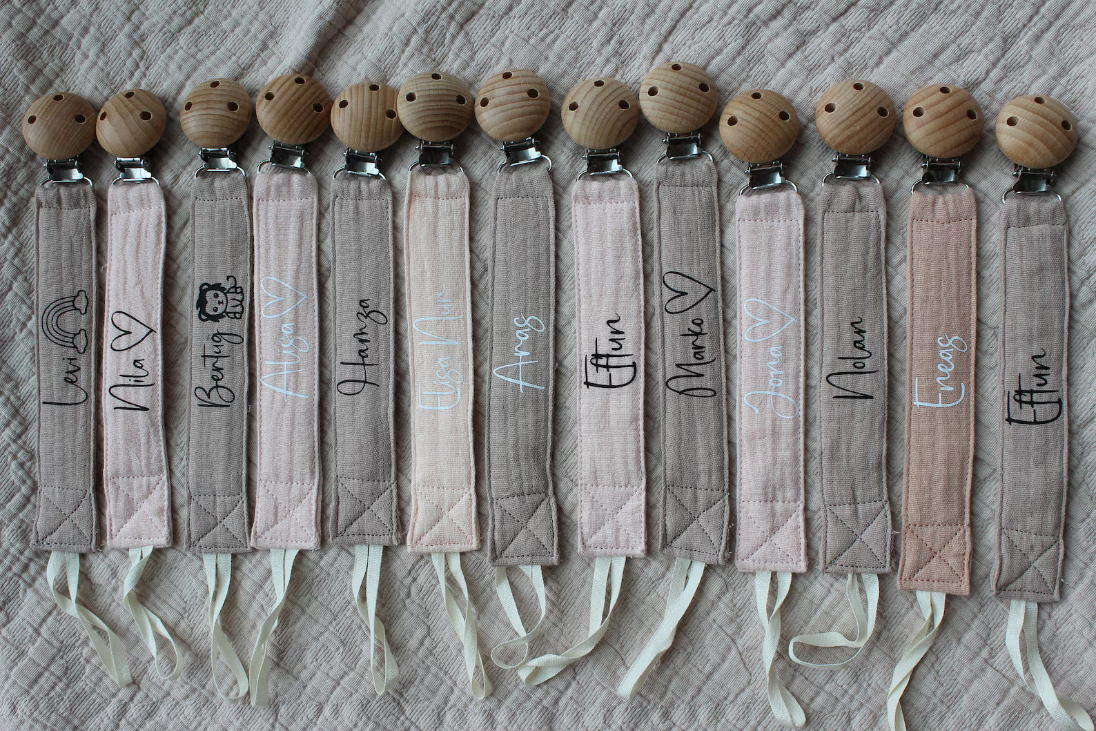 Schnullerkette mit Namen | Musselin & Holzclip