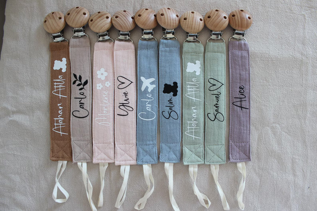 Schnullerkette mit Namen | Musselin & Holzclip