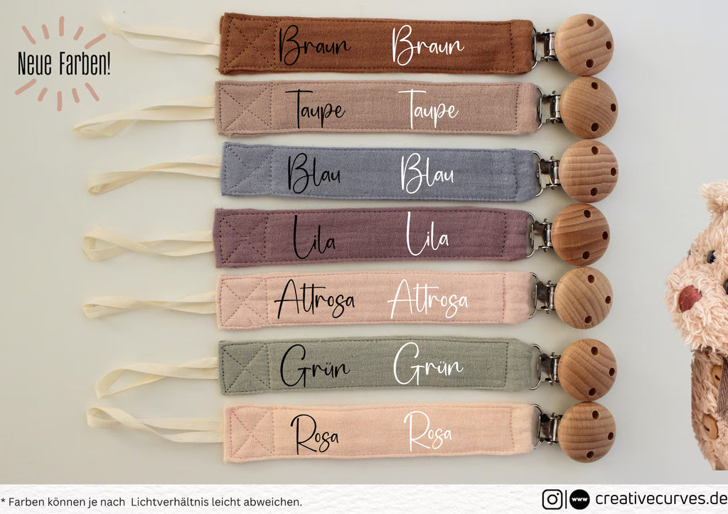 Schnullerkette mit Namen | Musselin & Holzclip