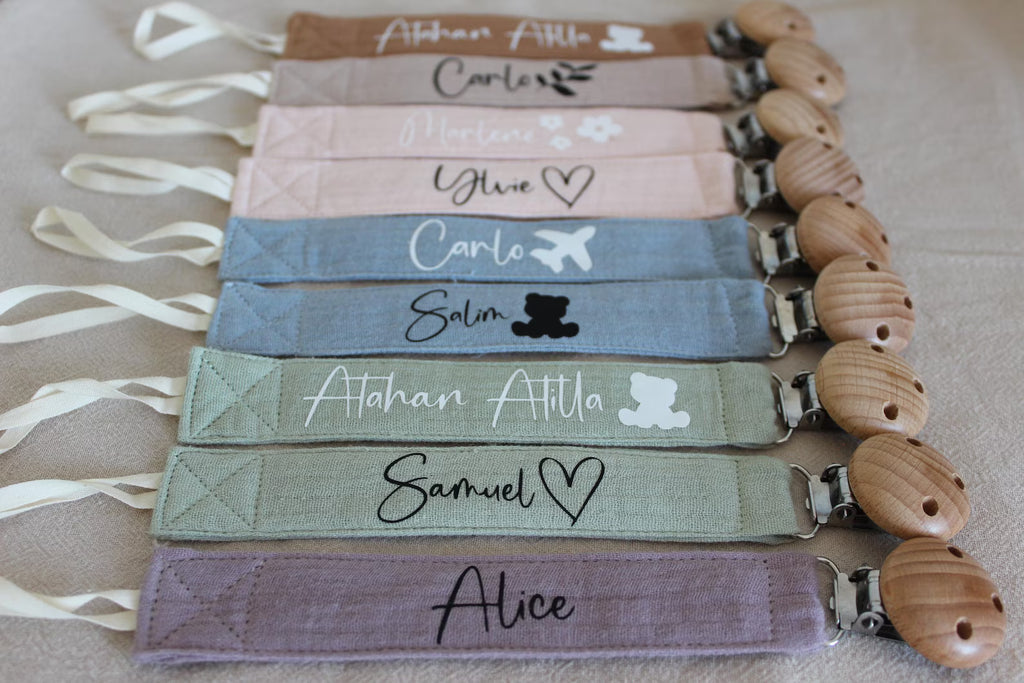 Schnullerkette mit Namen | Musselin & Holzclip